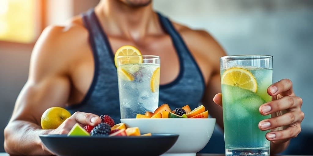 Athlete holding glass of lemon water with fruit bowls