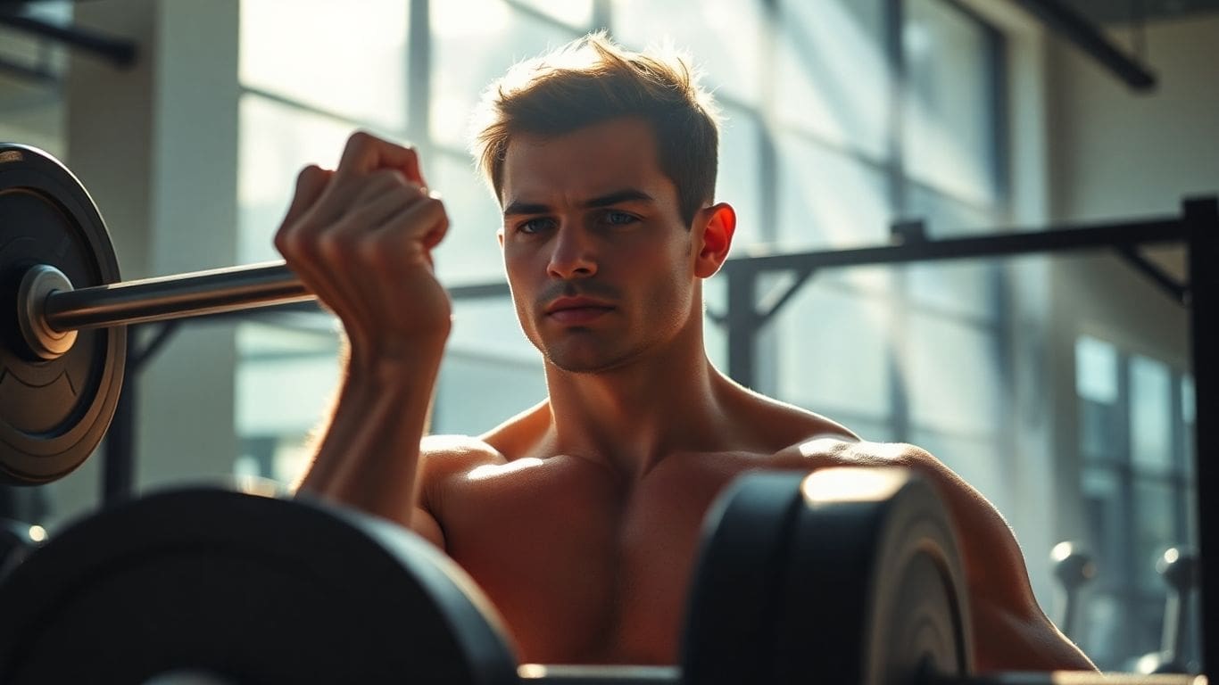 Man lifting barbell in sunlit gym