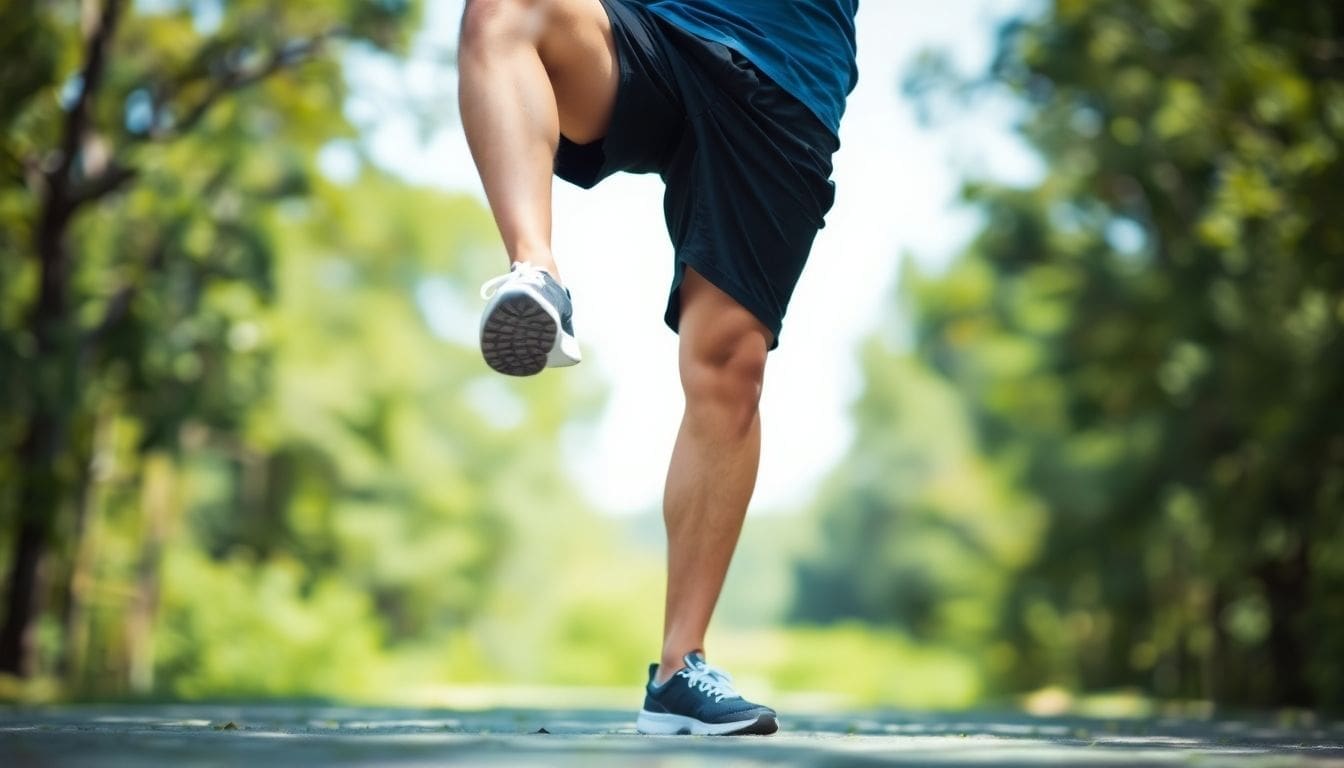 person in blue shirt doing leg swings on outdoor path