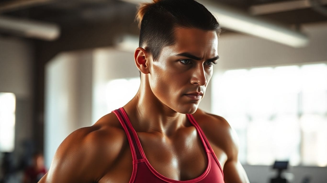 focused person in red tank top at gym