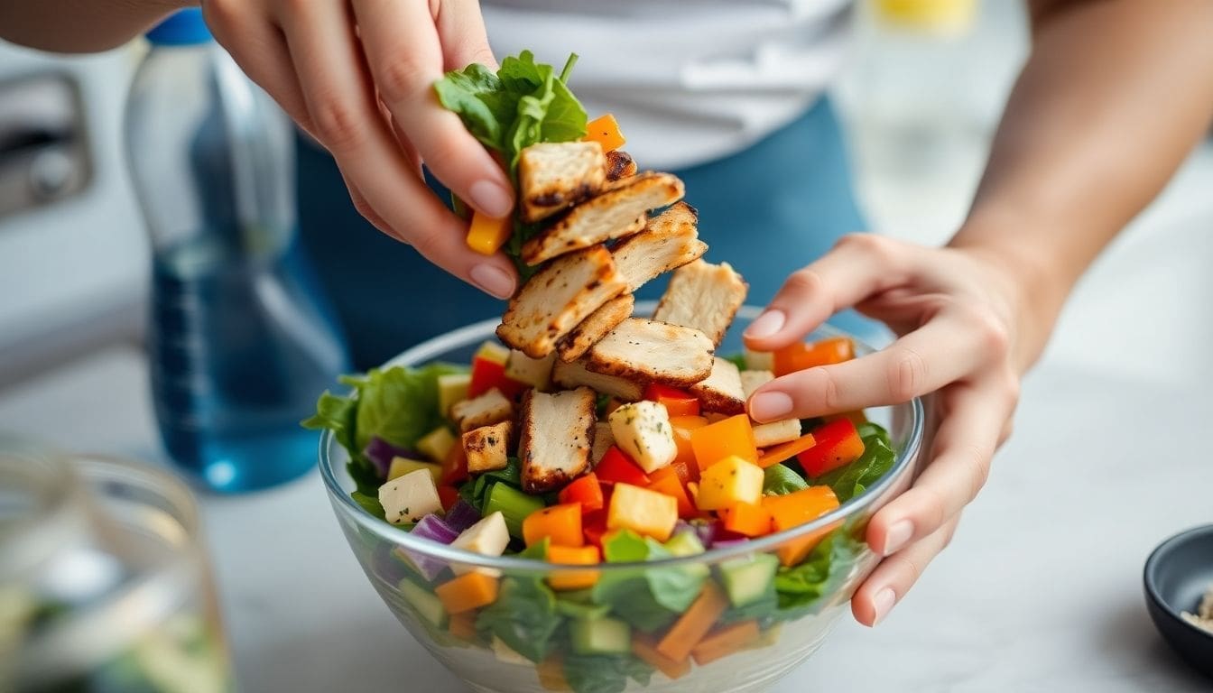 Person adding grilled chicken to colorful vegetable salad