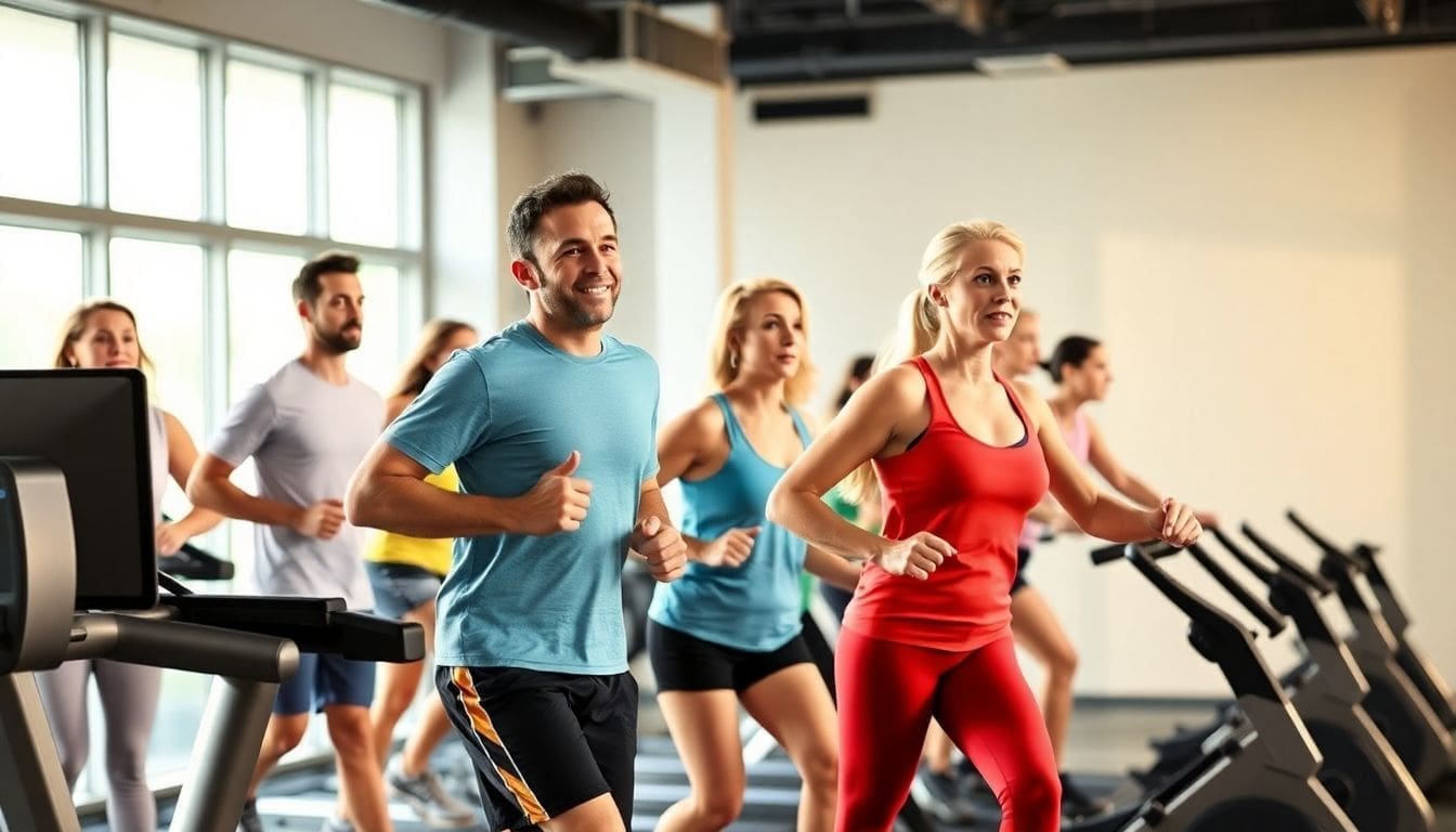 group of people exercising on treadmills in gym