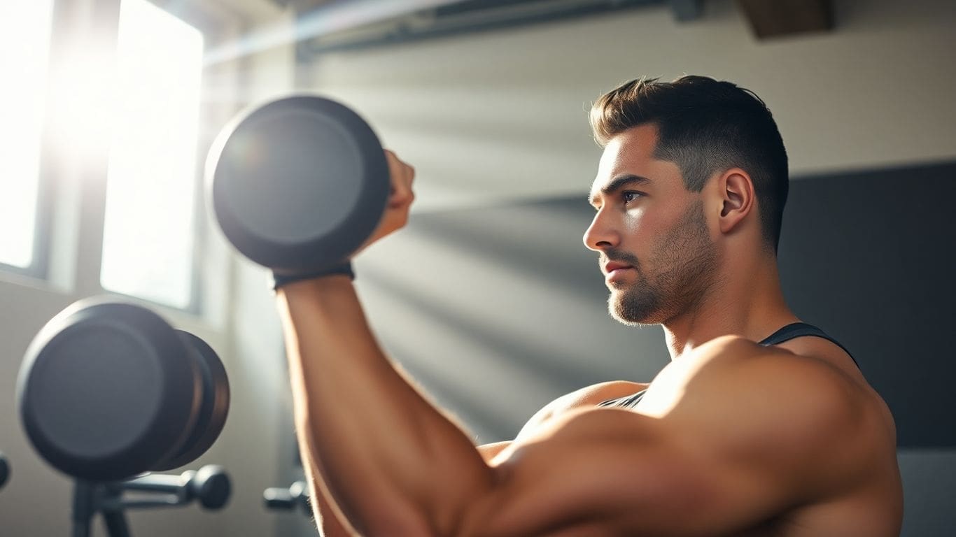 man lifting dumbbell in gym with sunlight streaming in