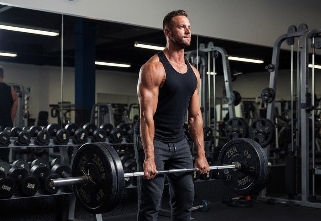 Man in black tank top deadlifting in gym