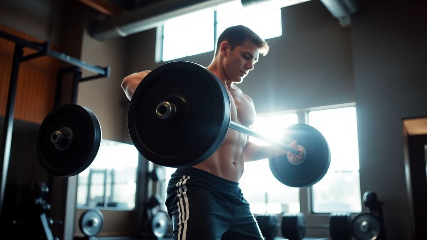 shirtless man lifting barbell in gym with sunlight