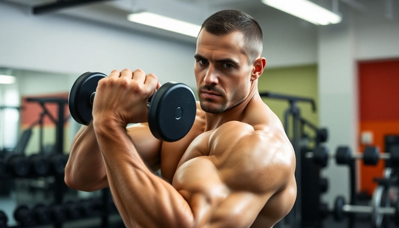 muscular man doing bicep curl with dumbbell in gym
