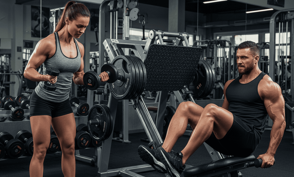 woman lifting dumbbells and man using leg press machine in gym