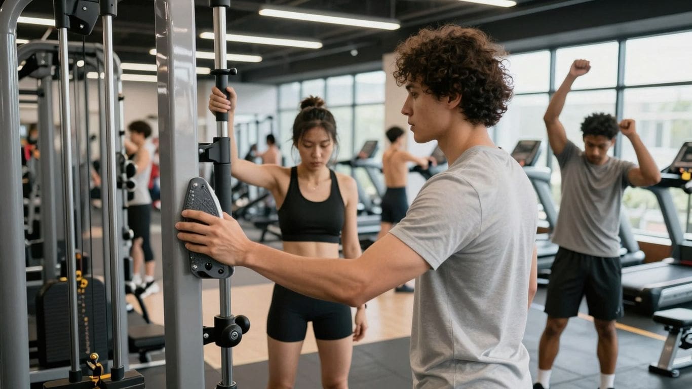 people exercising in gym with weight machines and treadmills