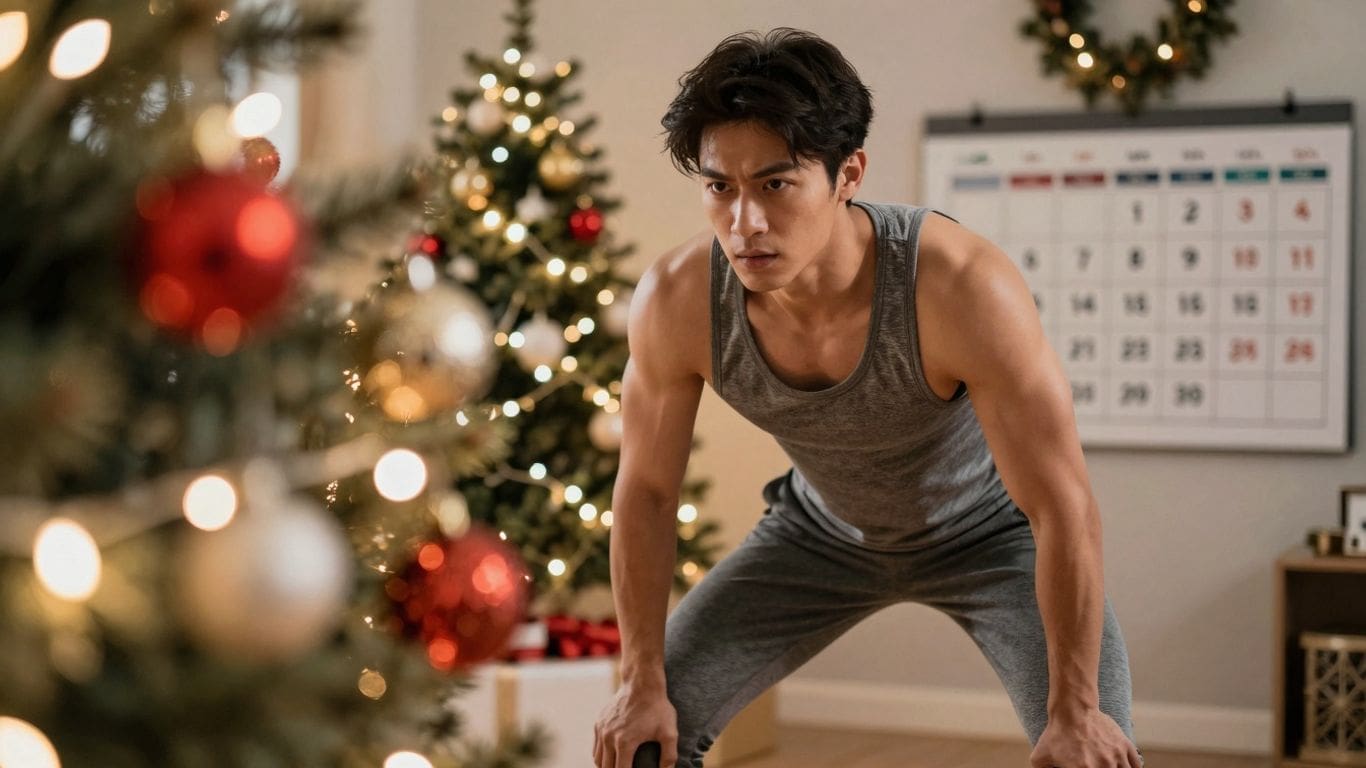 Man in gray workout attire exercising near Christmas tree