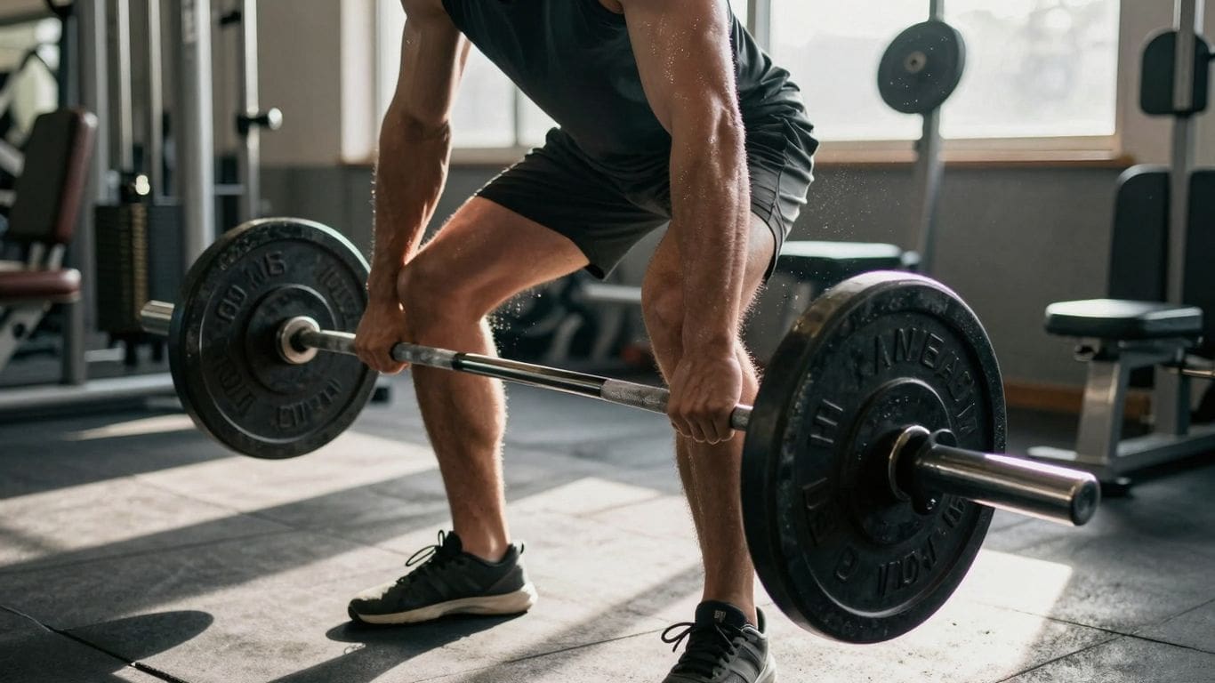 person performing deadlift with barbell in gym