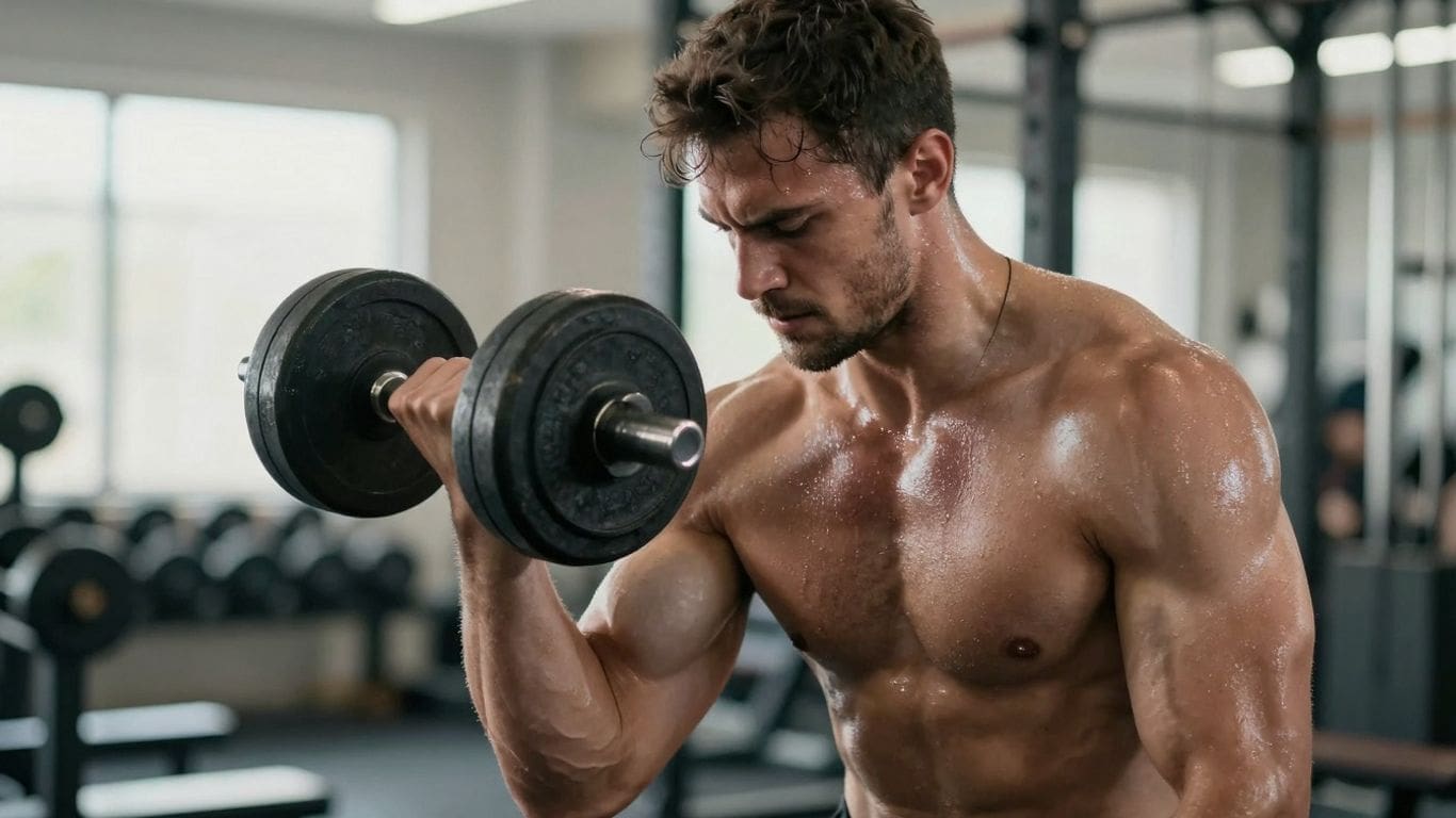 shirtless man lifting dumbbell in gym