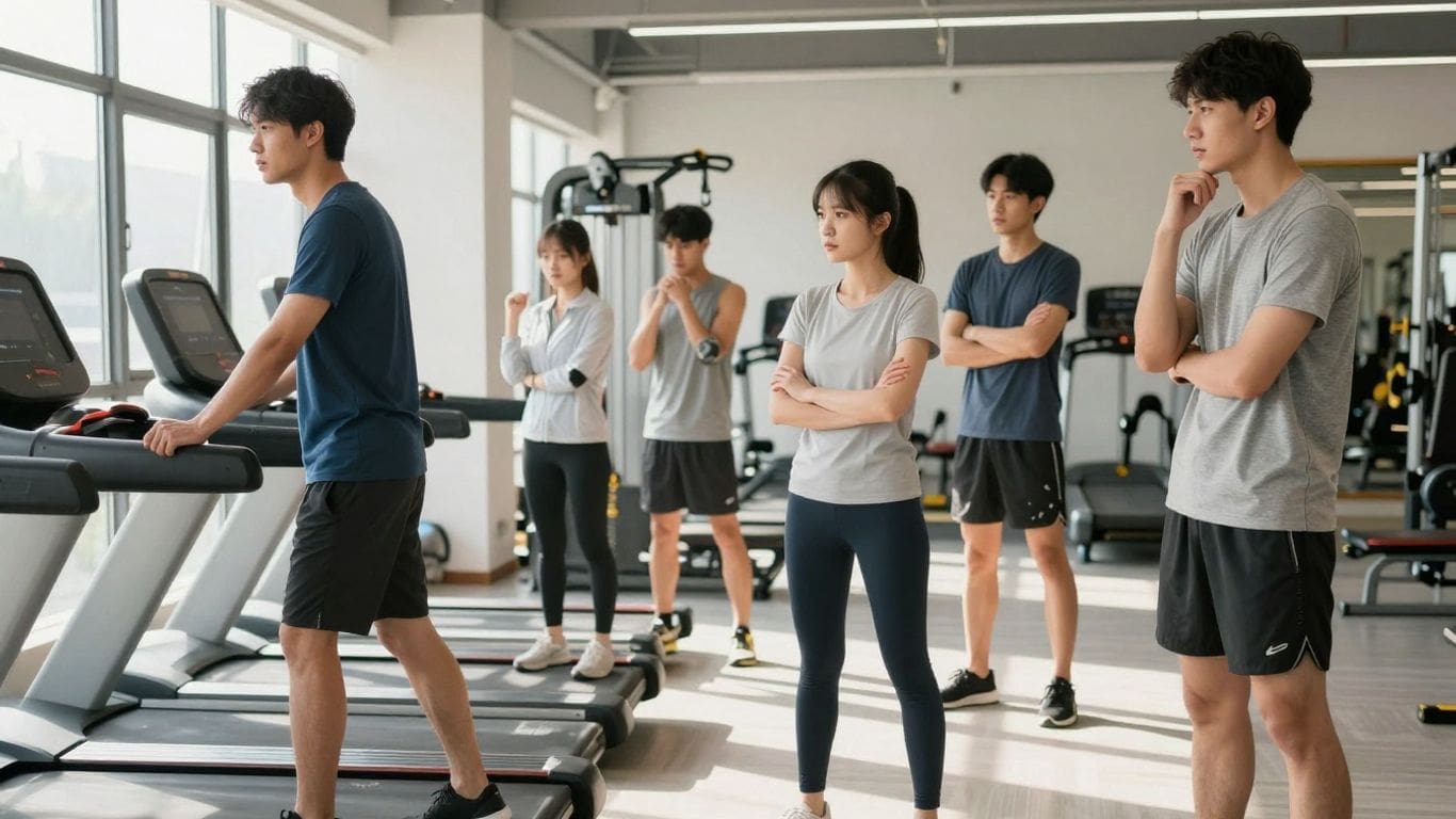 Group of young adults observing a man on a treadmill in gym