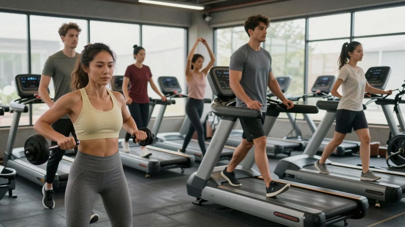 people exercising on treadmills and lifting weights in gym