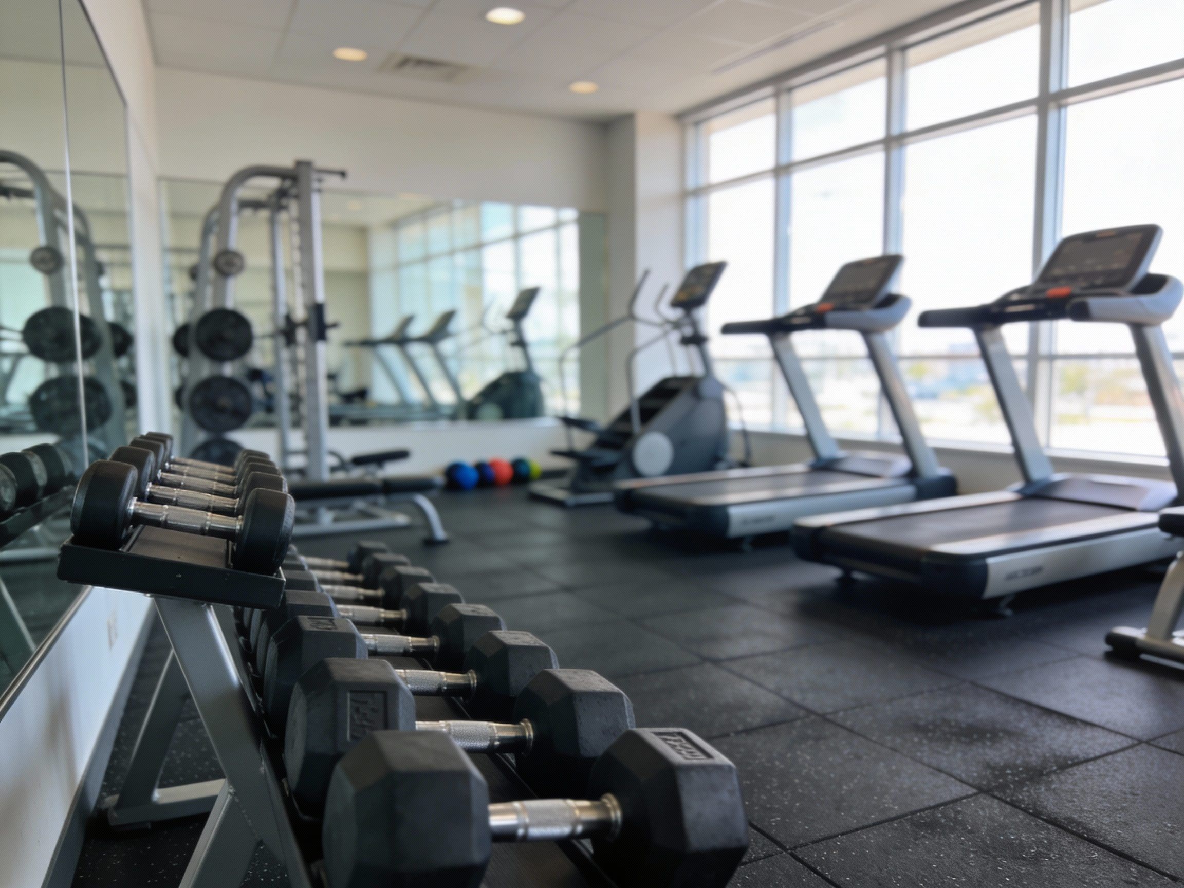 modern gym with dumbbells, treadmills, and exercise equipment