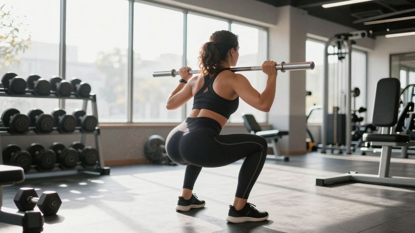 woman performing squat with barbell in gym