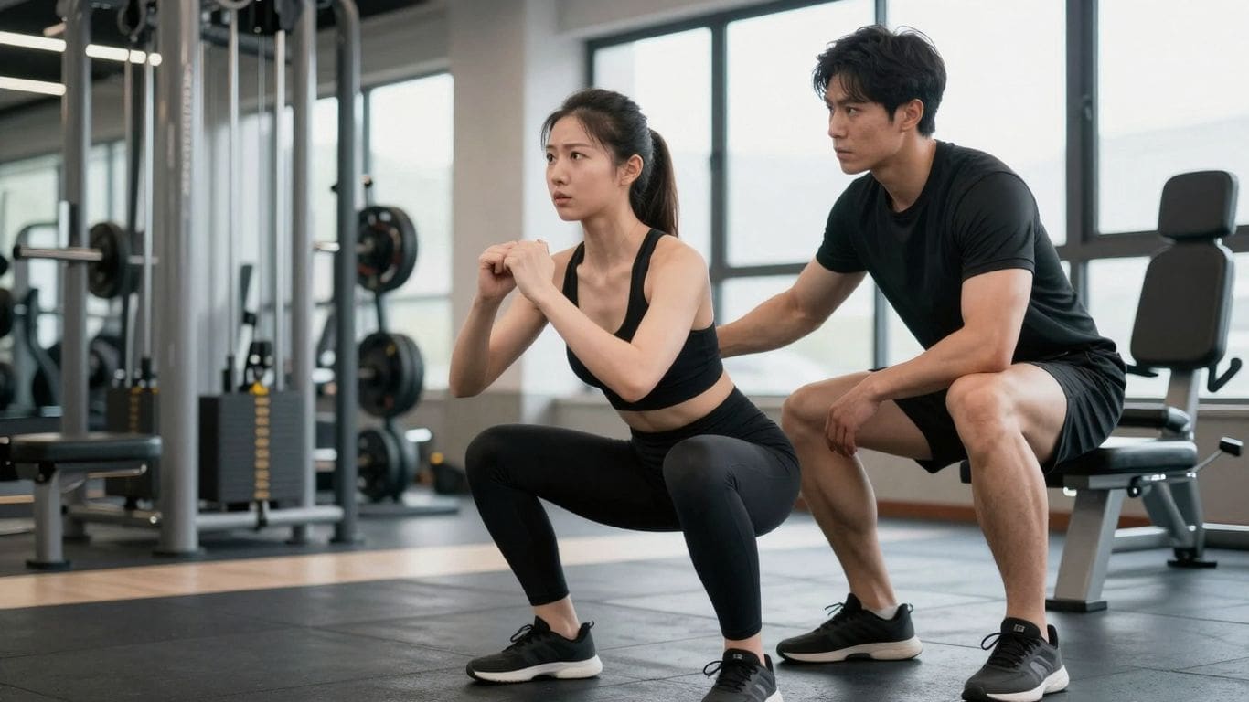 Woman doing squats with trainer in gym