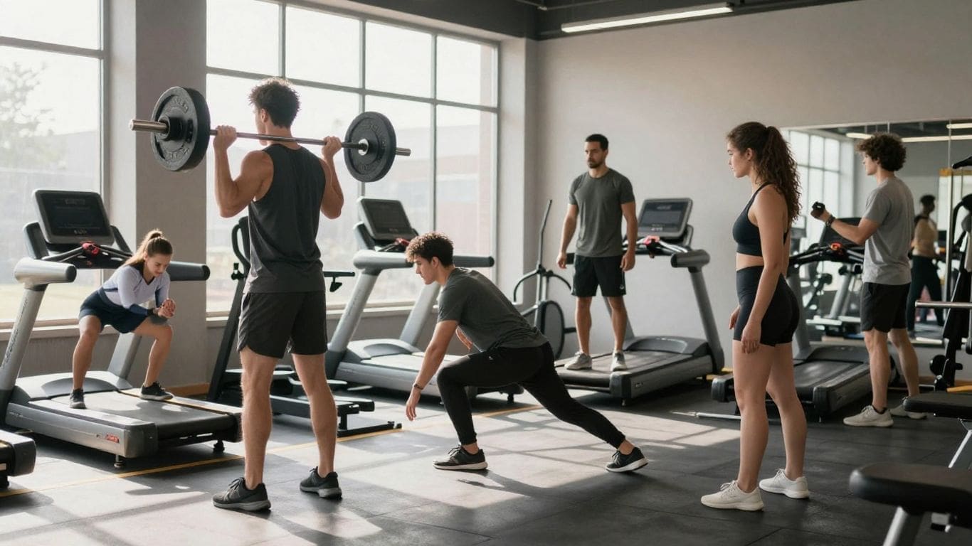 Group of people exercising in a gym with treadmills and weights