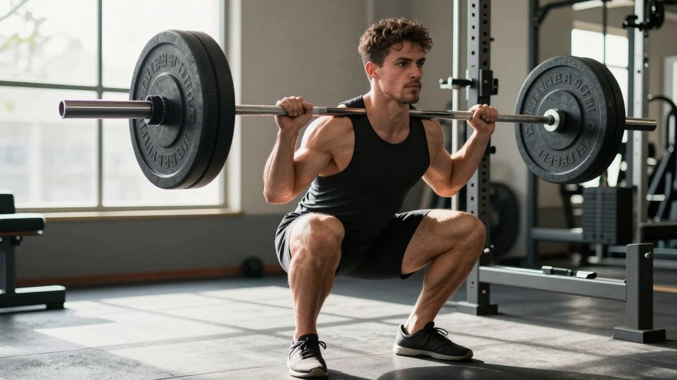 man in gym performing barbell squat exercise
