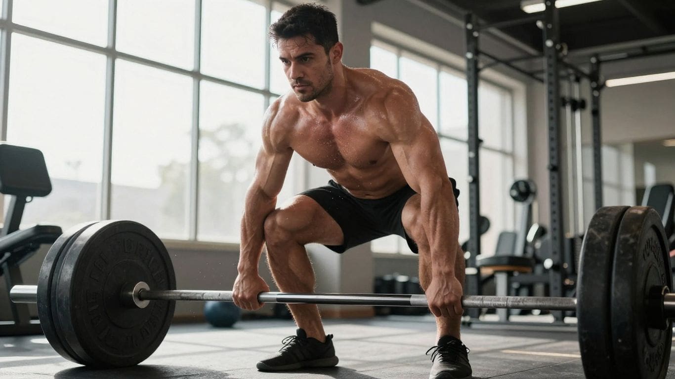 Muscular man deadlifting in gym with natural light