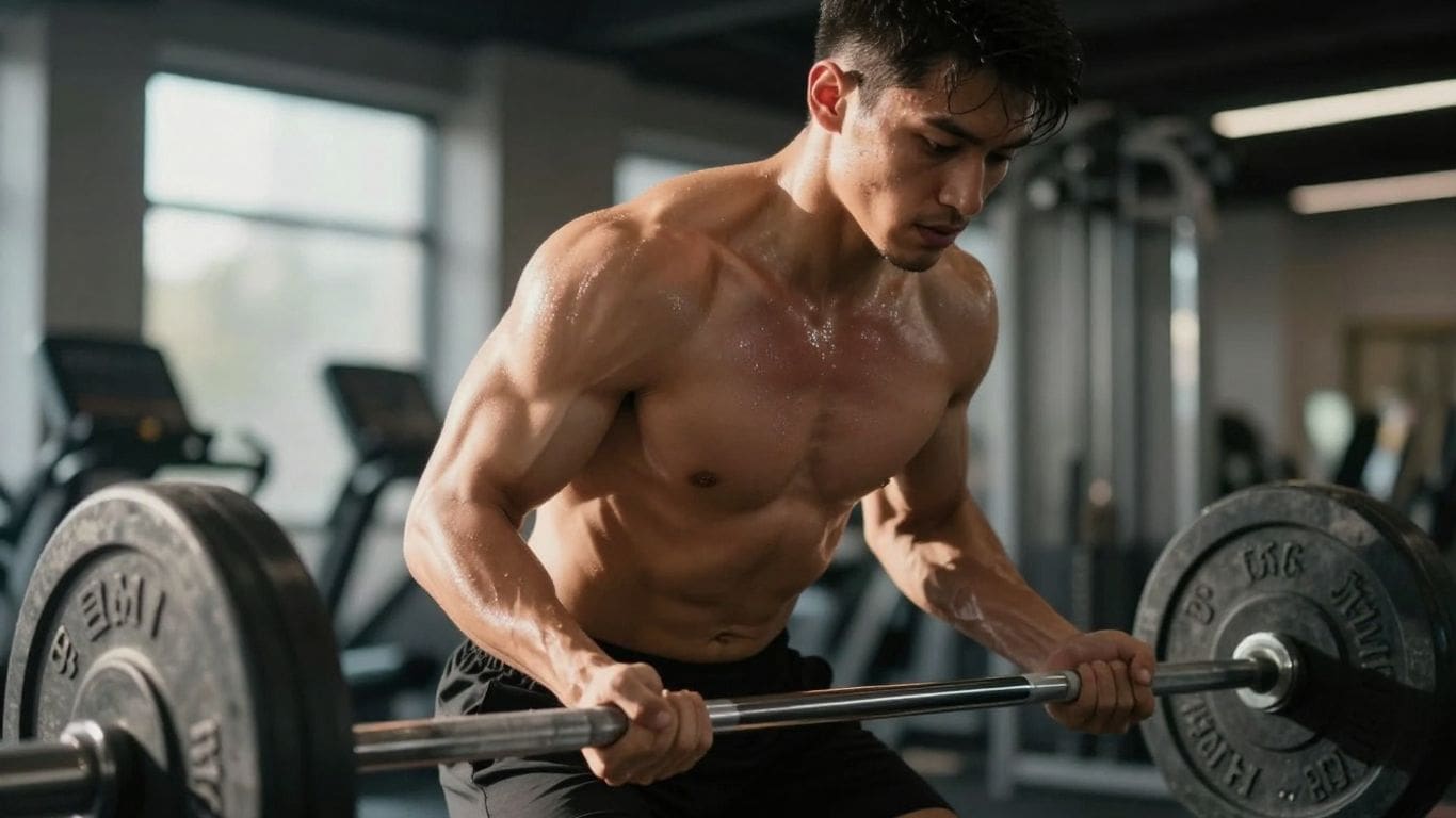 Man lifting barbell in gym with focused expression