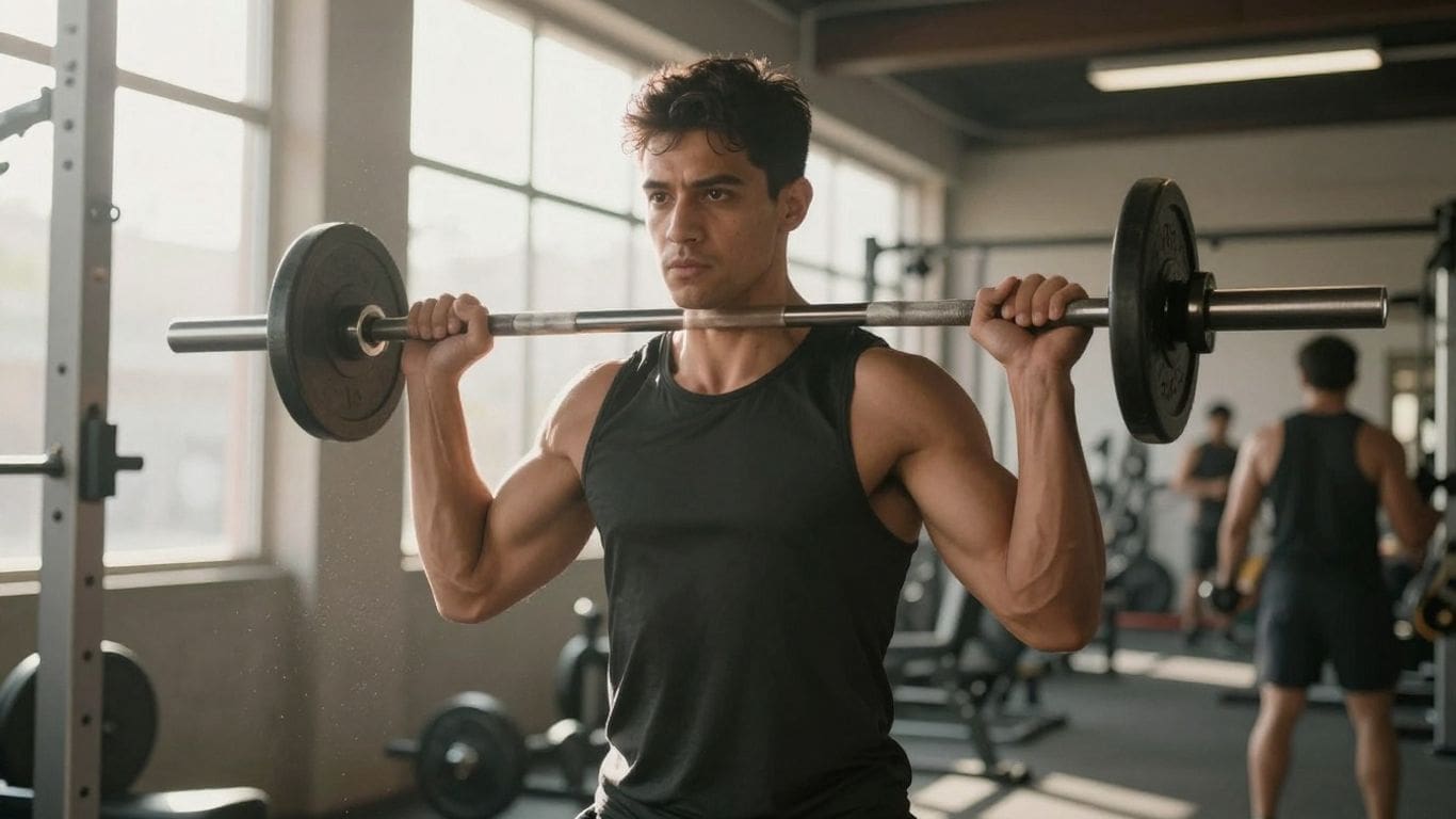 Man lifting barbell in gym wearing black tank top