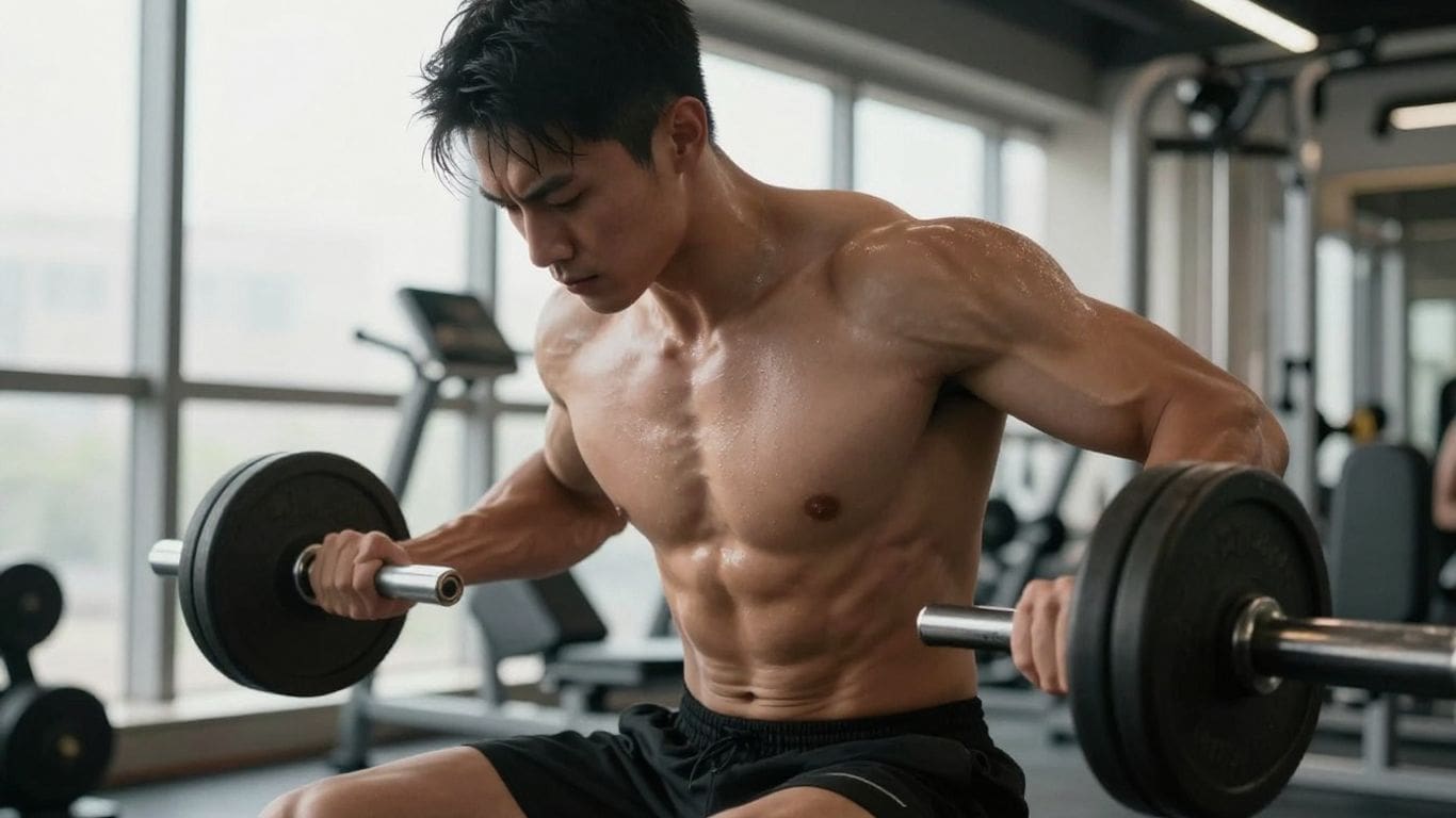 shirtless man lifting dumbbells in gym