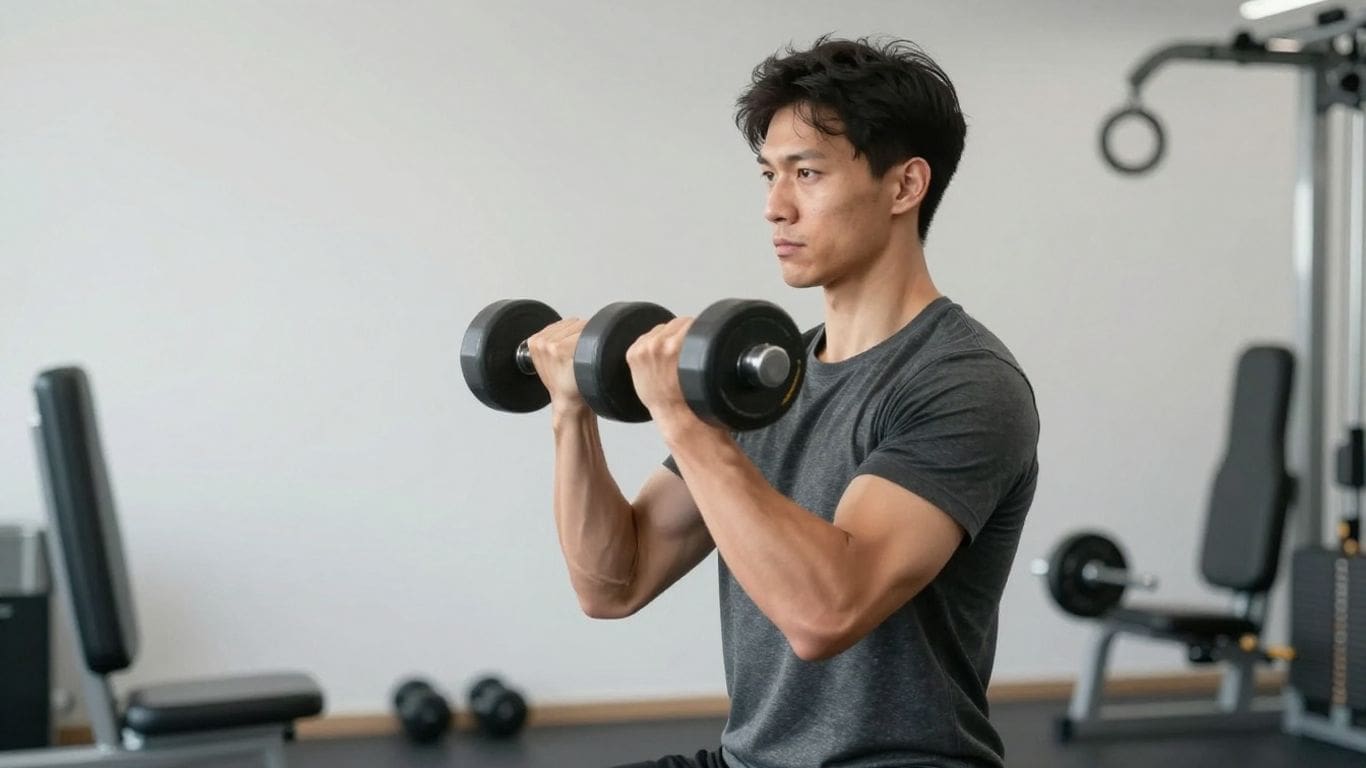man in gray shirt lifting dumbbells in gym