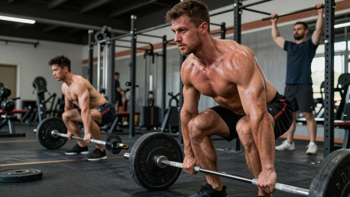 two men lifting barbells in gym with another man doing pull-ups