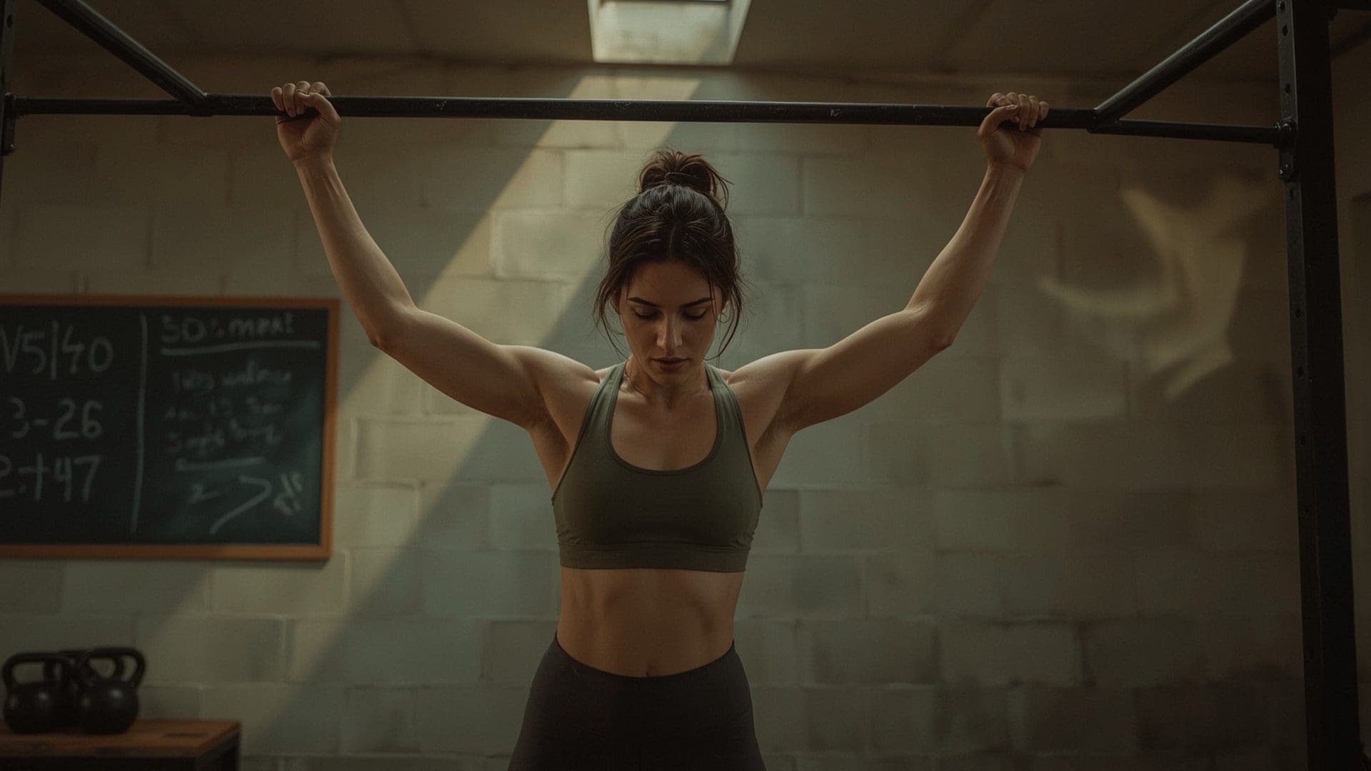 Athletic woman at peak pull-up contraction gripping steel bar in industrial gym