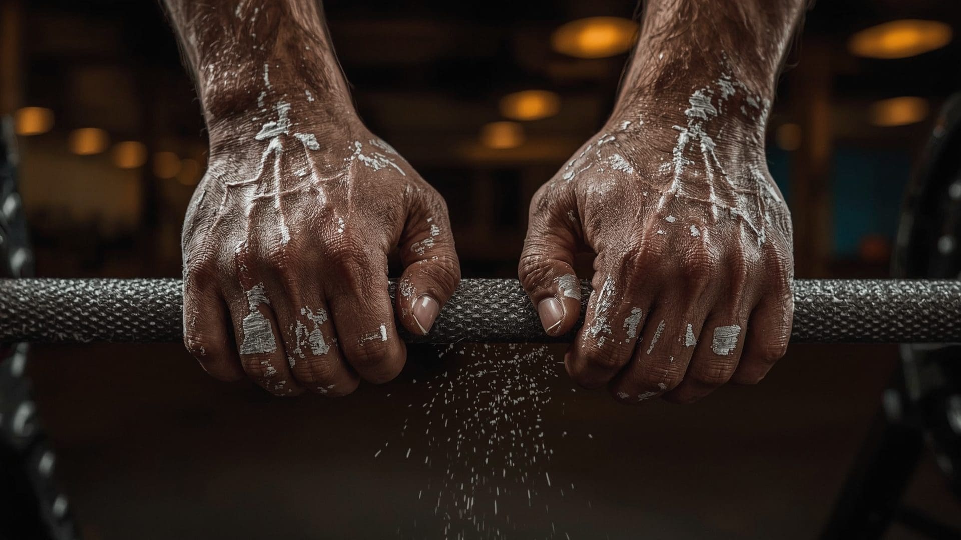 Close-up of chalked hands gripping a barbell during a heavy strength plateau attempt