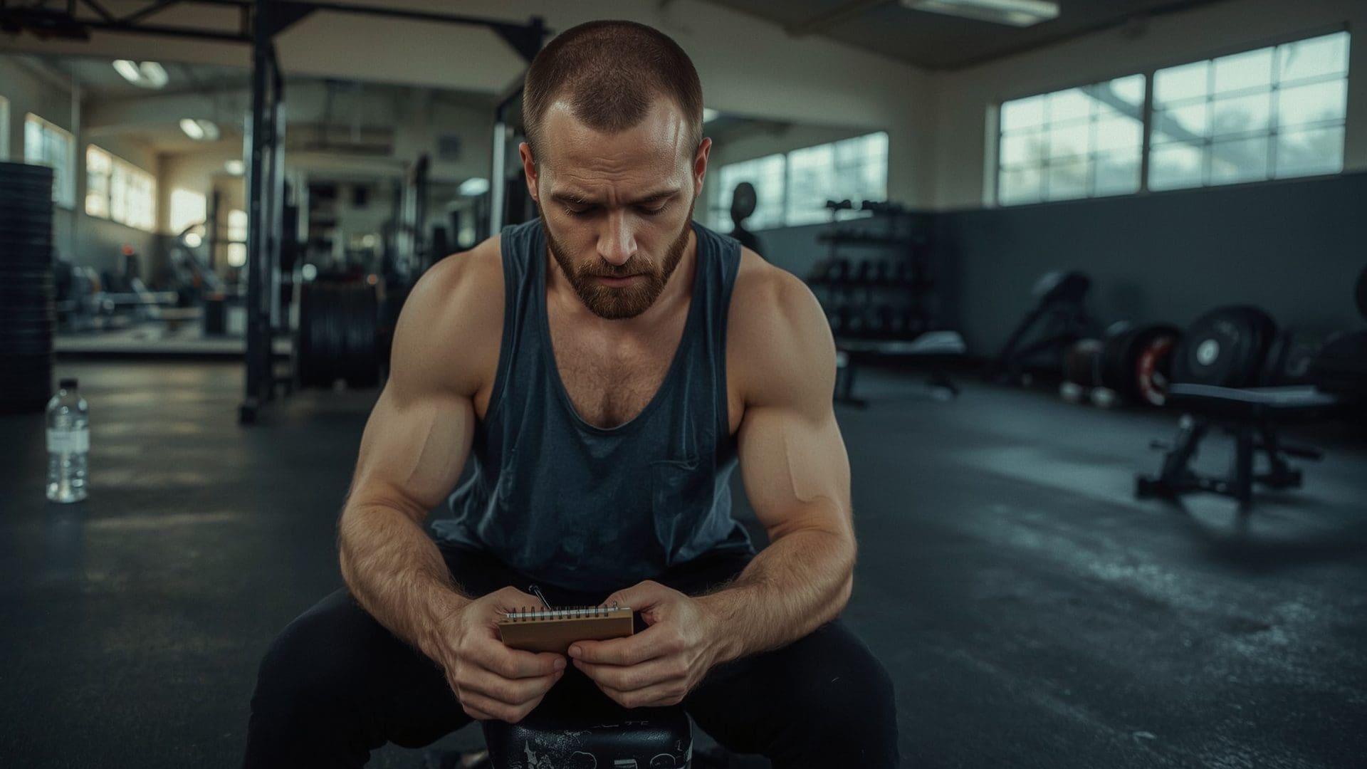 Lifter tracking strength progress in gym notebook to assess protein intake effectiveness