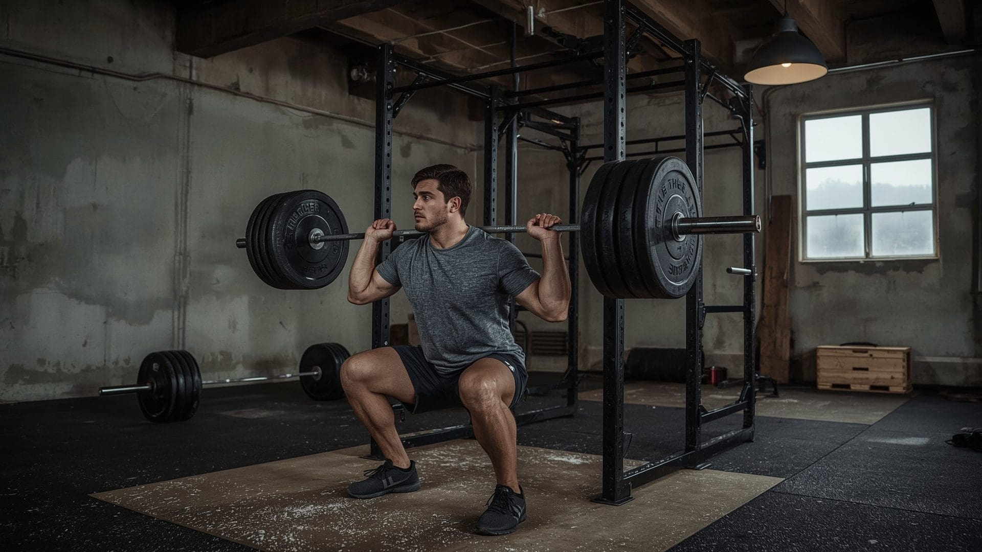 Male lifter performing heavy barbell back squat in raw concrete gym mid-descent