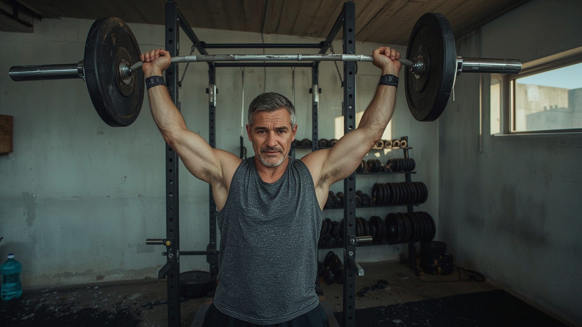 Man performing overhead press with fractional plates in a garage gym setting