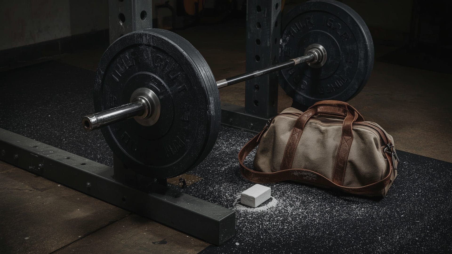 Olympic barbell loaded with iron plates resting in power rack with lifting belt and chalk