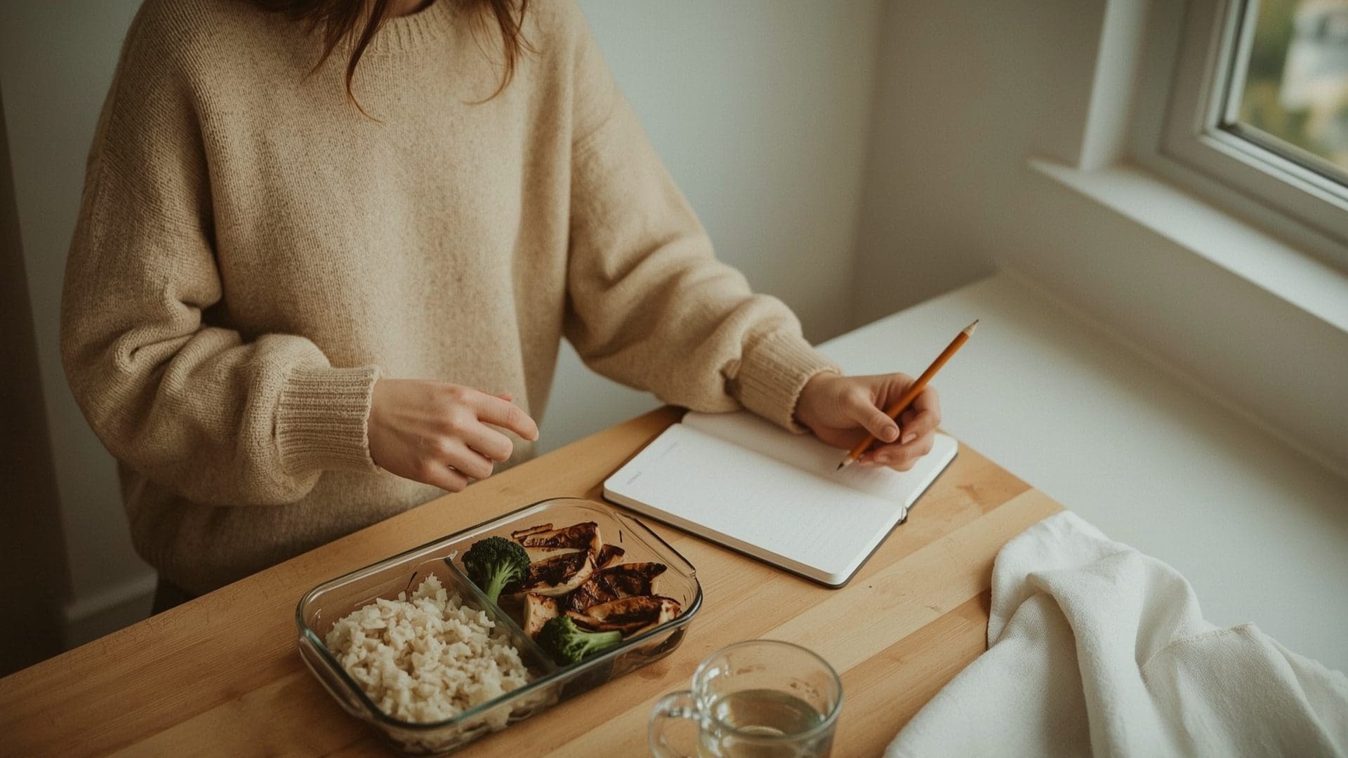 Woman tracking protein macros and meal prepping for muscle building calorie goals