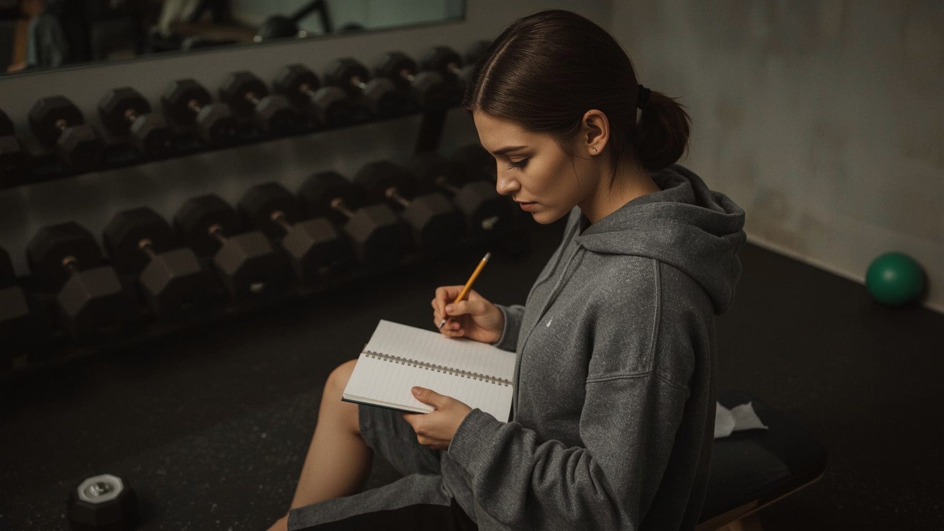 Woman writing progressive overload training notes in a notebook at the gym
