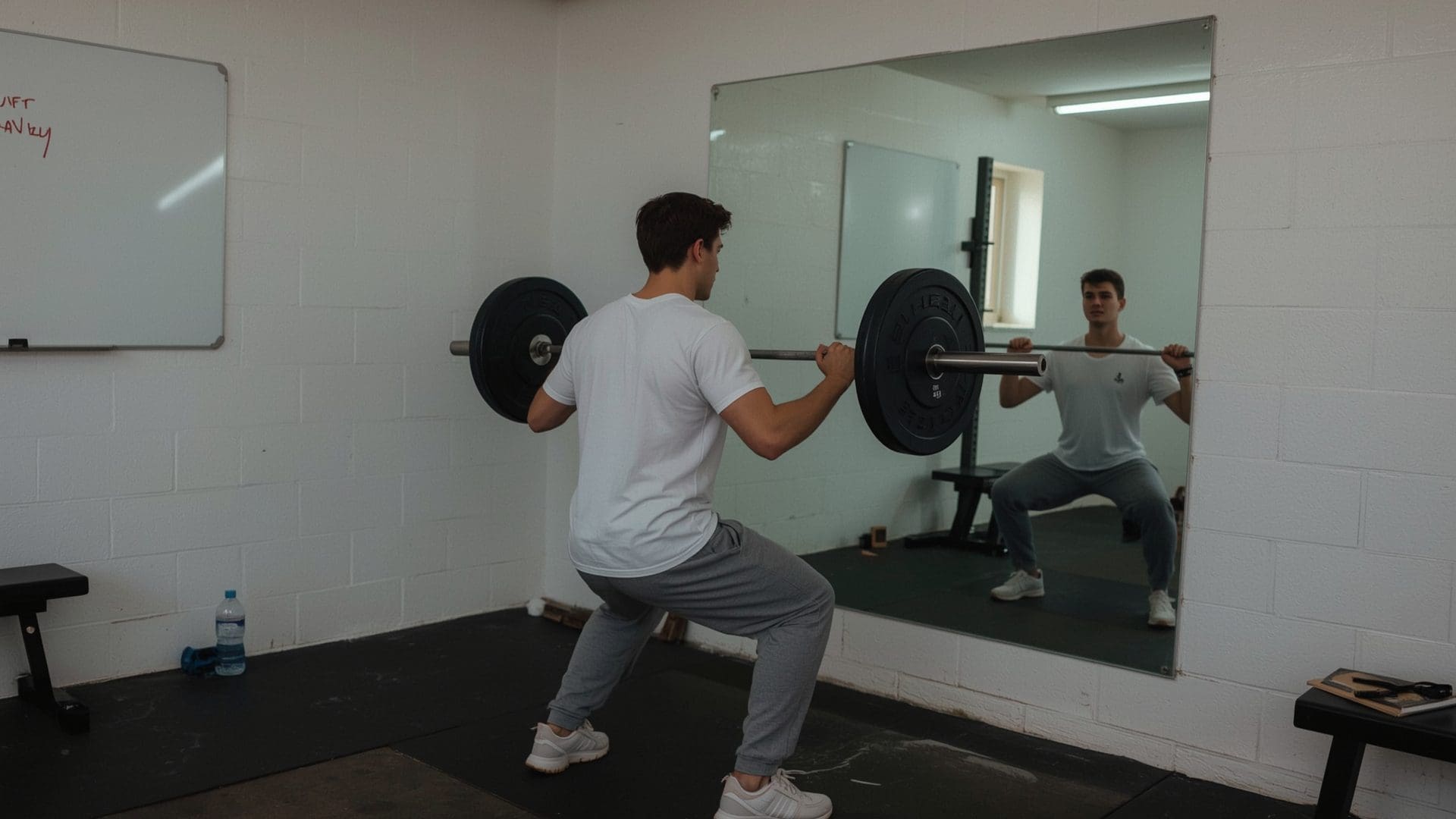 Young male beginner checking squat stance at lightly loaded barbell in community gym