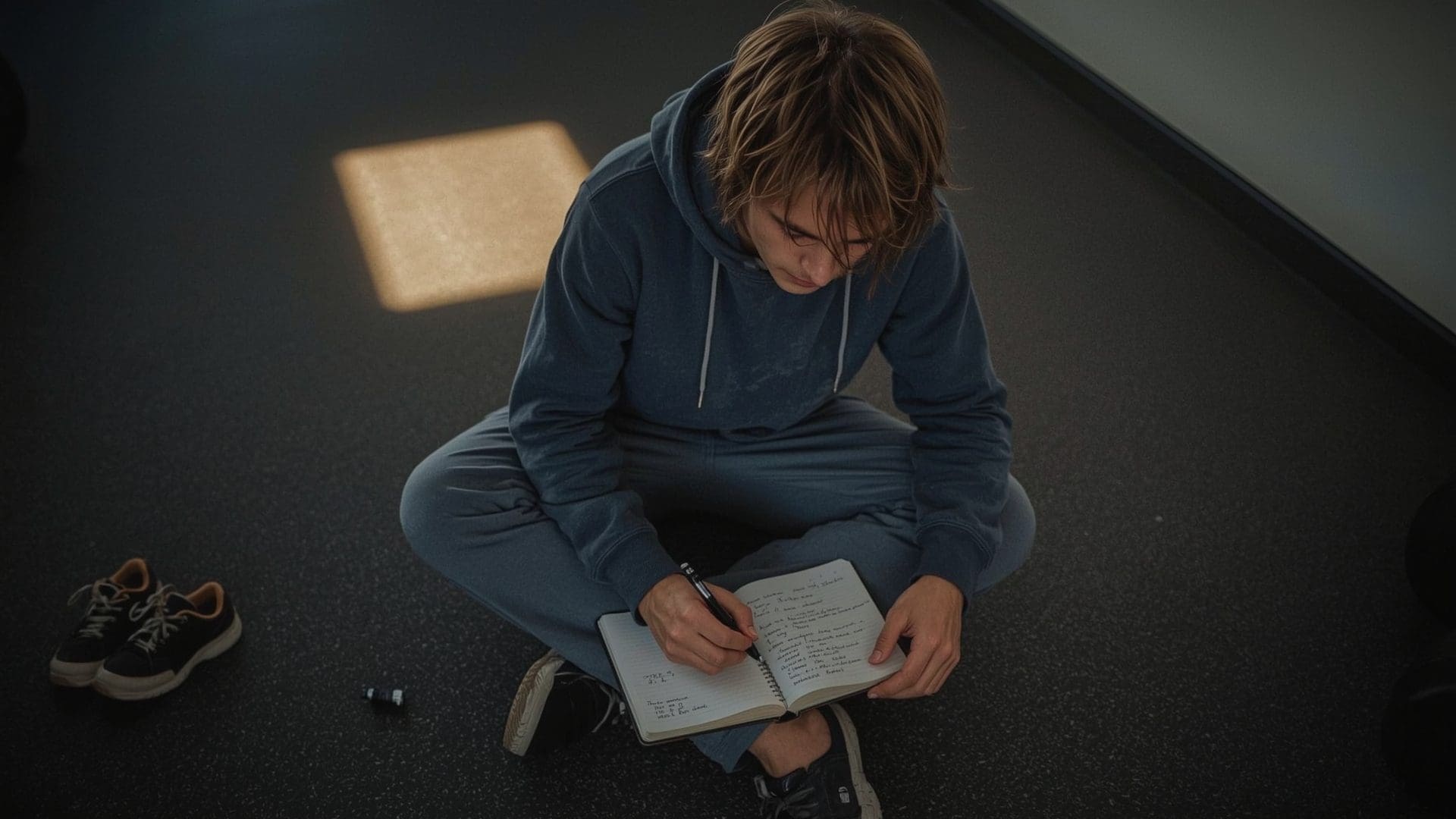 Male athlete reviewing handwritten training notebook on garage gym floor