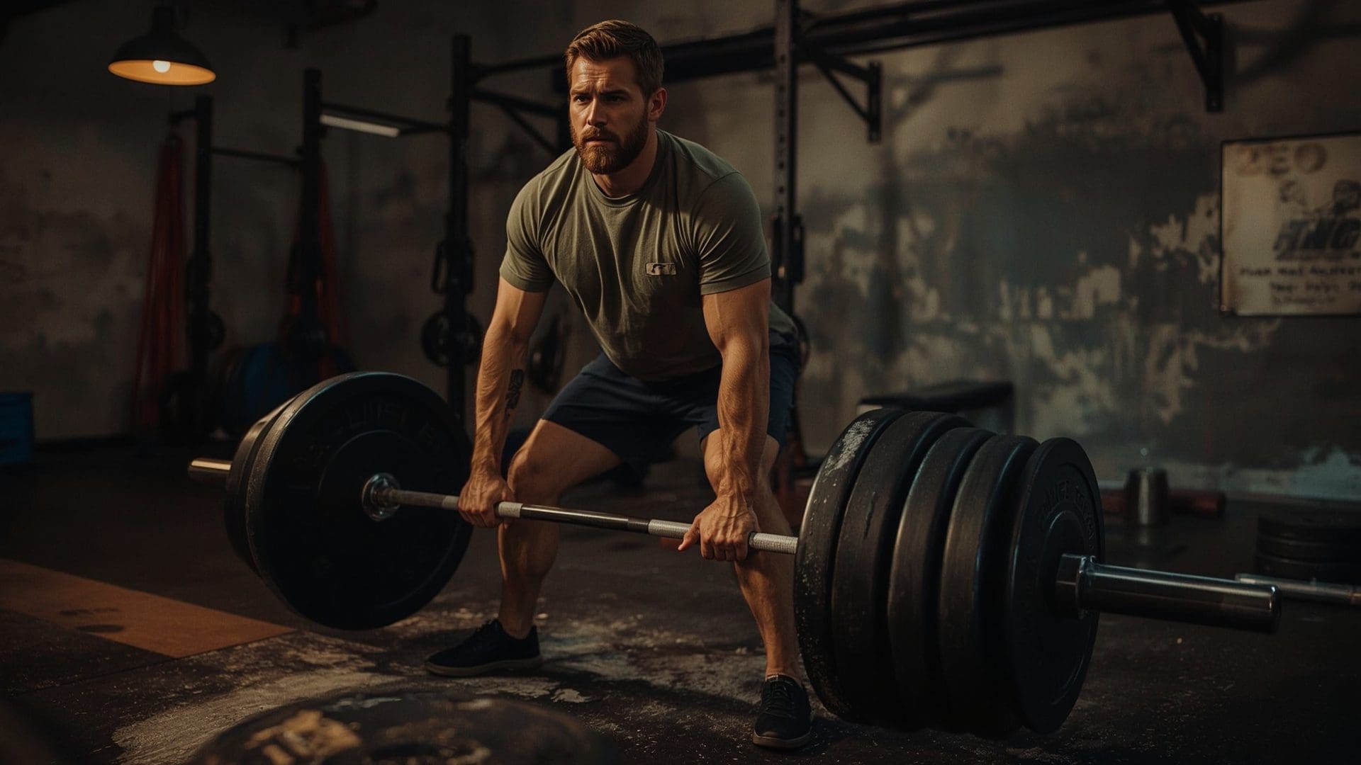 Male lifter gripping loaded barbell at deadlift starting position on chalk-dusted platform