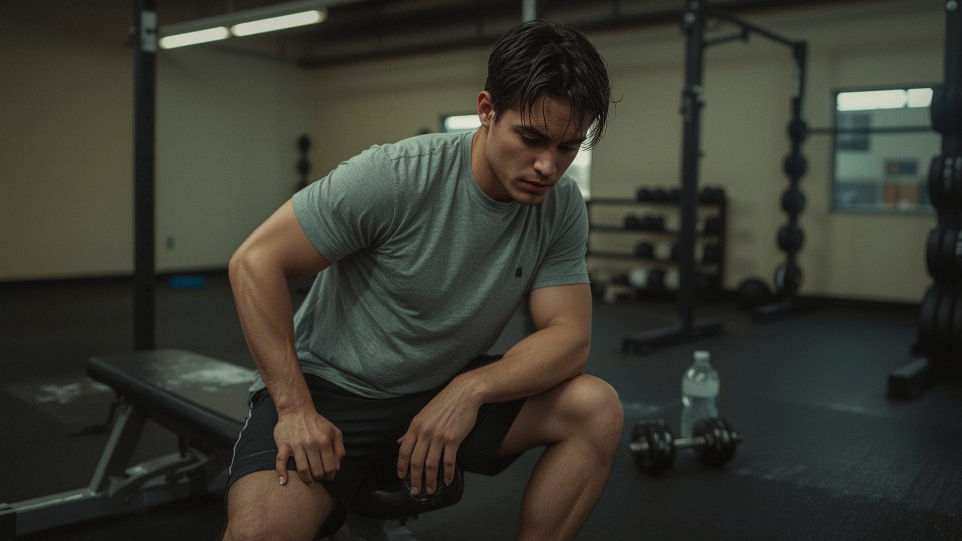 Male lifter resting between sets in commercial gym with dumbbell