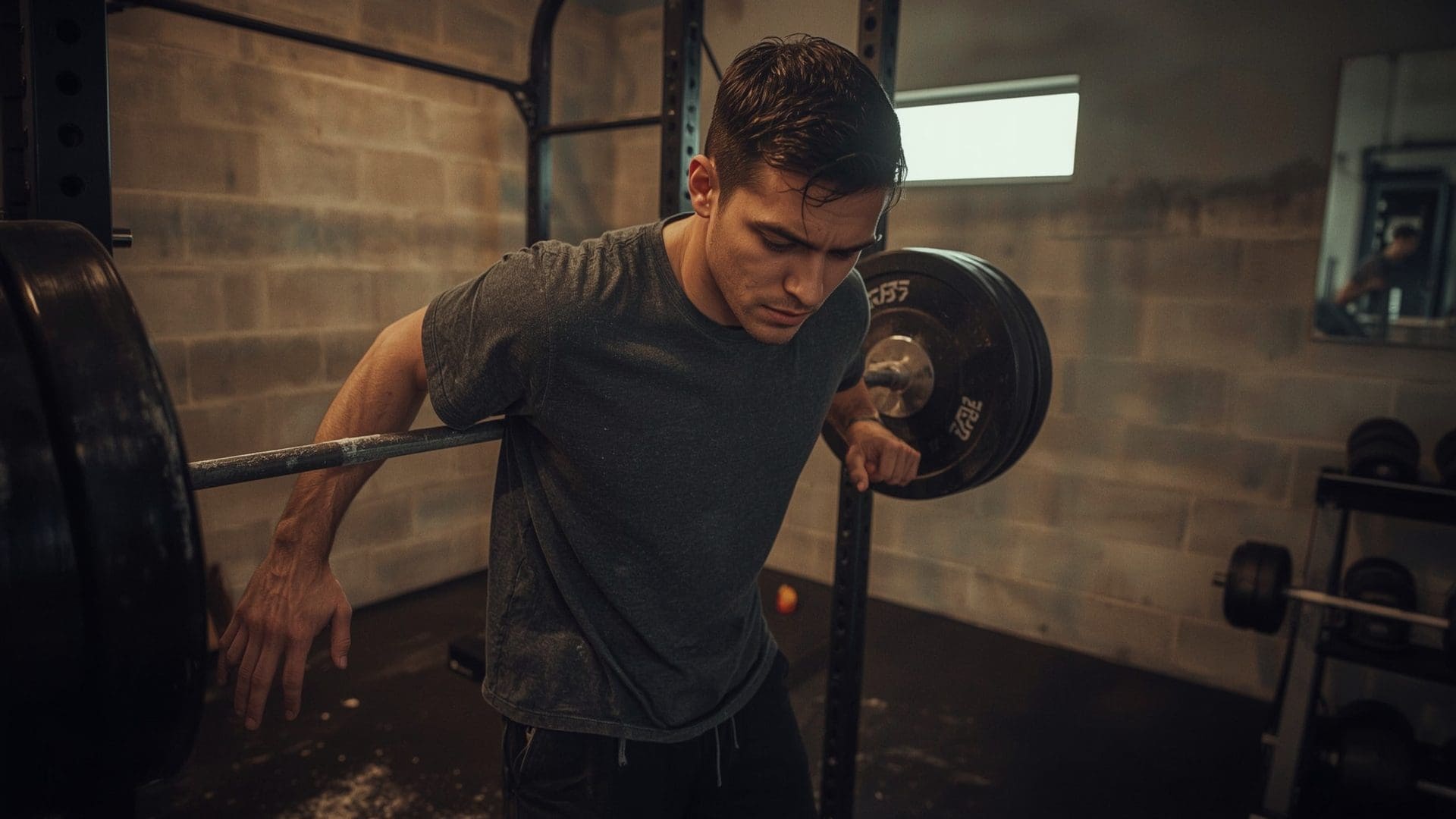 Man gripping barbell at squat rack preparing for strength training set
