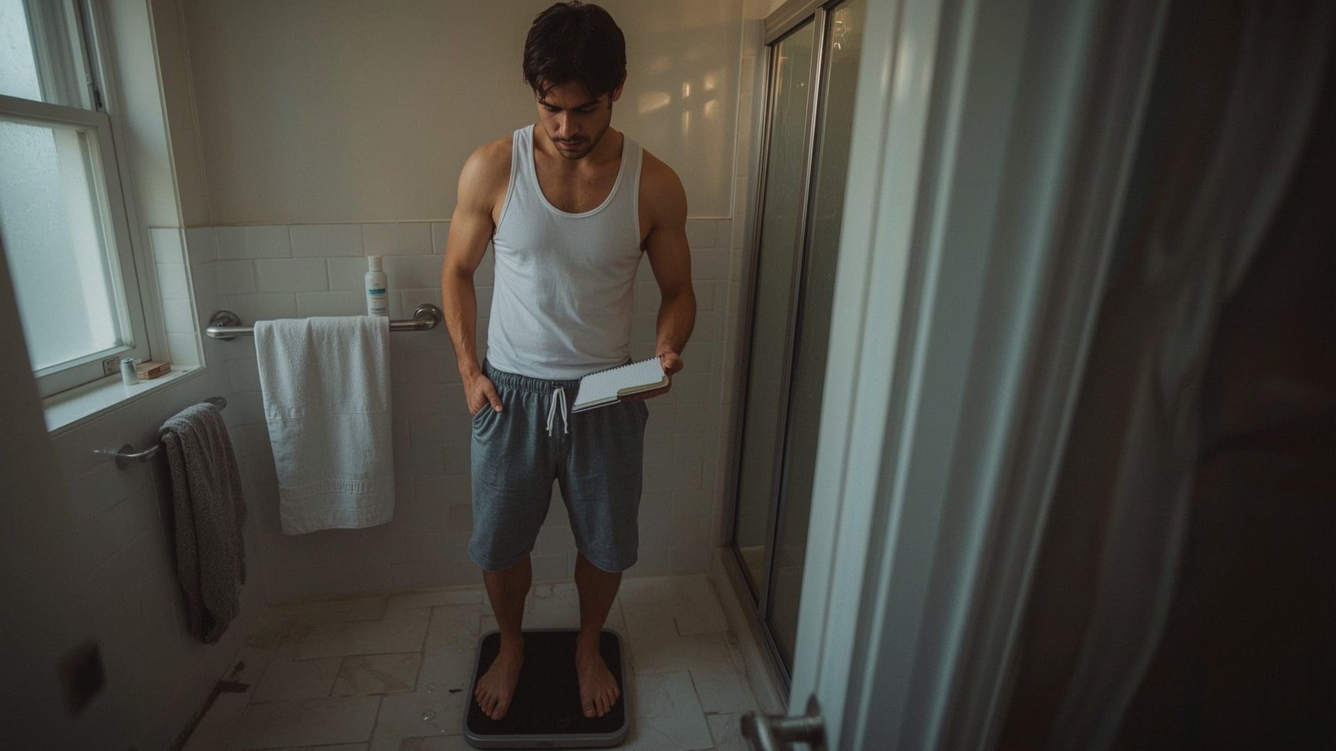Man tracking body weight on bathroom scale during morning bulking routine
