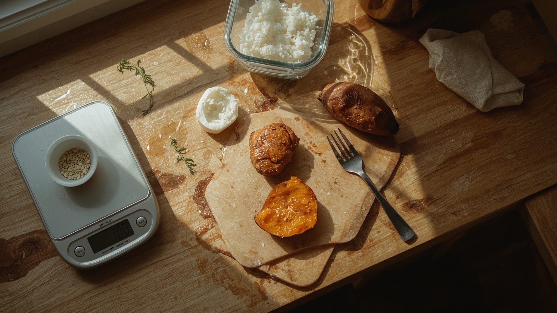 Measured whole food meal prep on kitchen counter with food scale