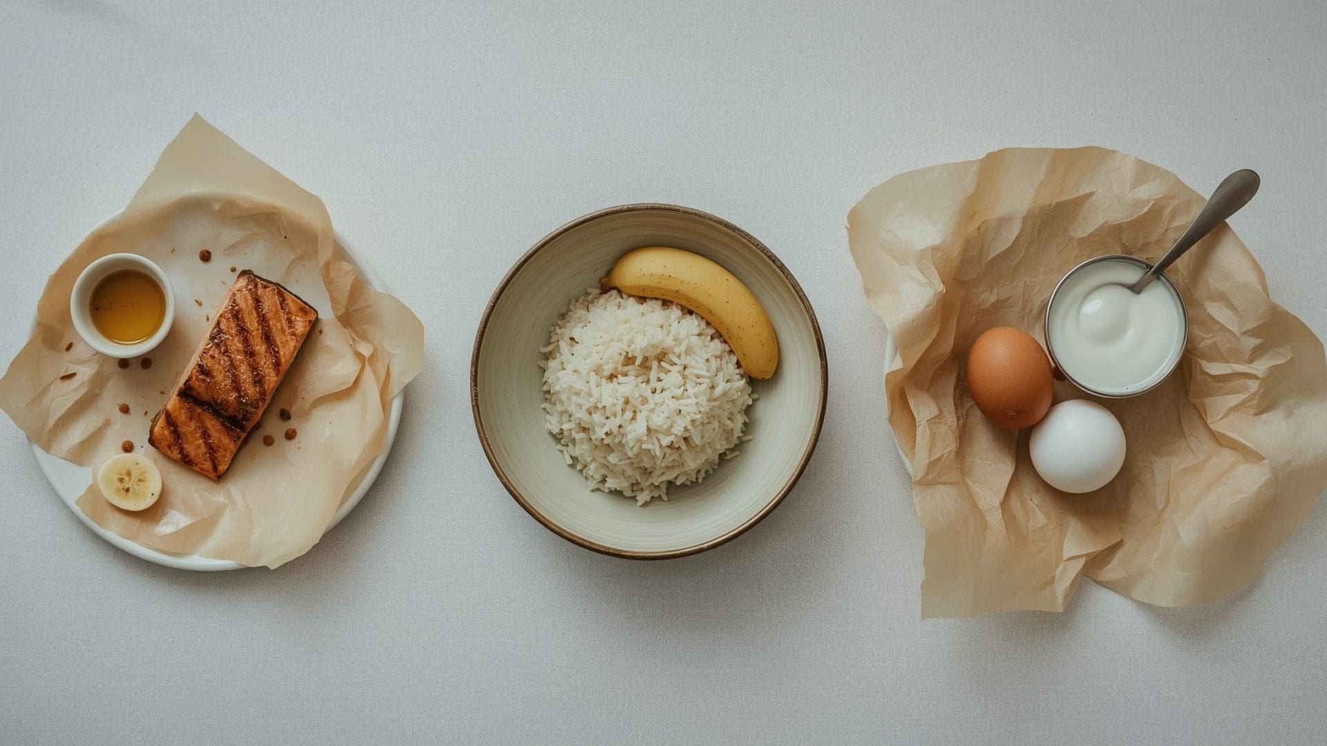 Overhead flat lay of protein carbohydrate and fat bulking foods