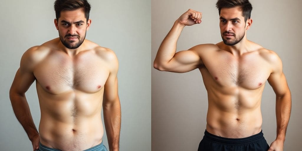 man showing fitness progress before and after workout