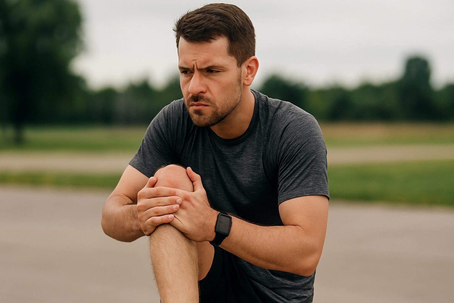 Man holding knee in pain wearing gray shirt outdoors