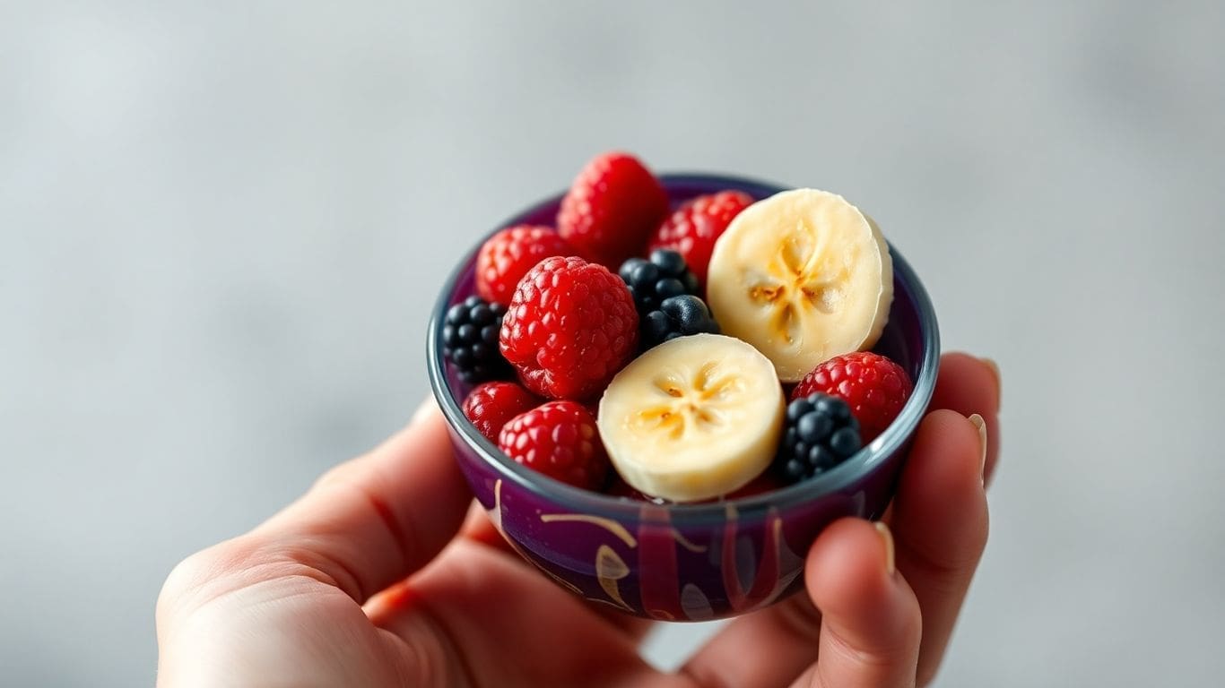 Hand holding bowl of raspberries, blackberries, and banana slices