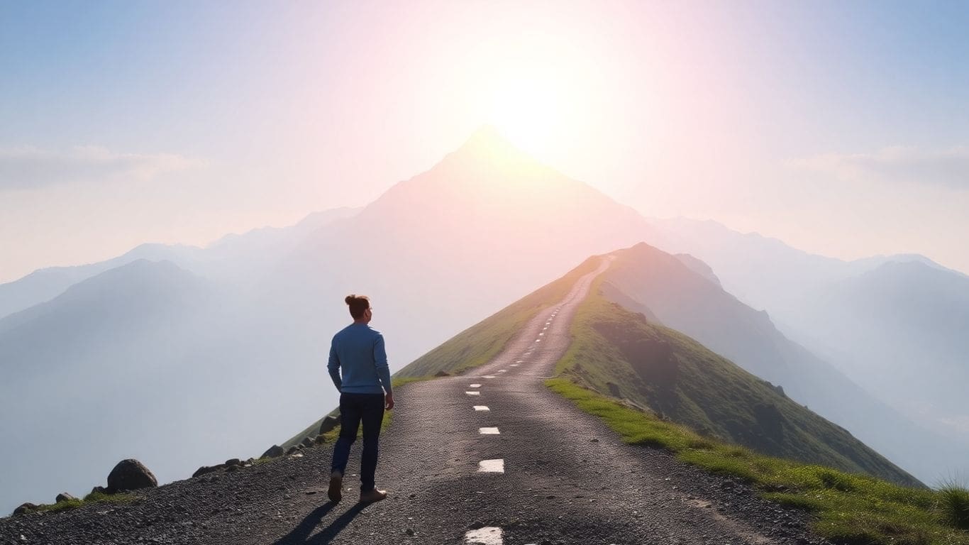 person walking on road toward sunlit mountain