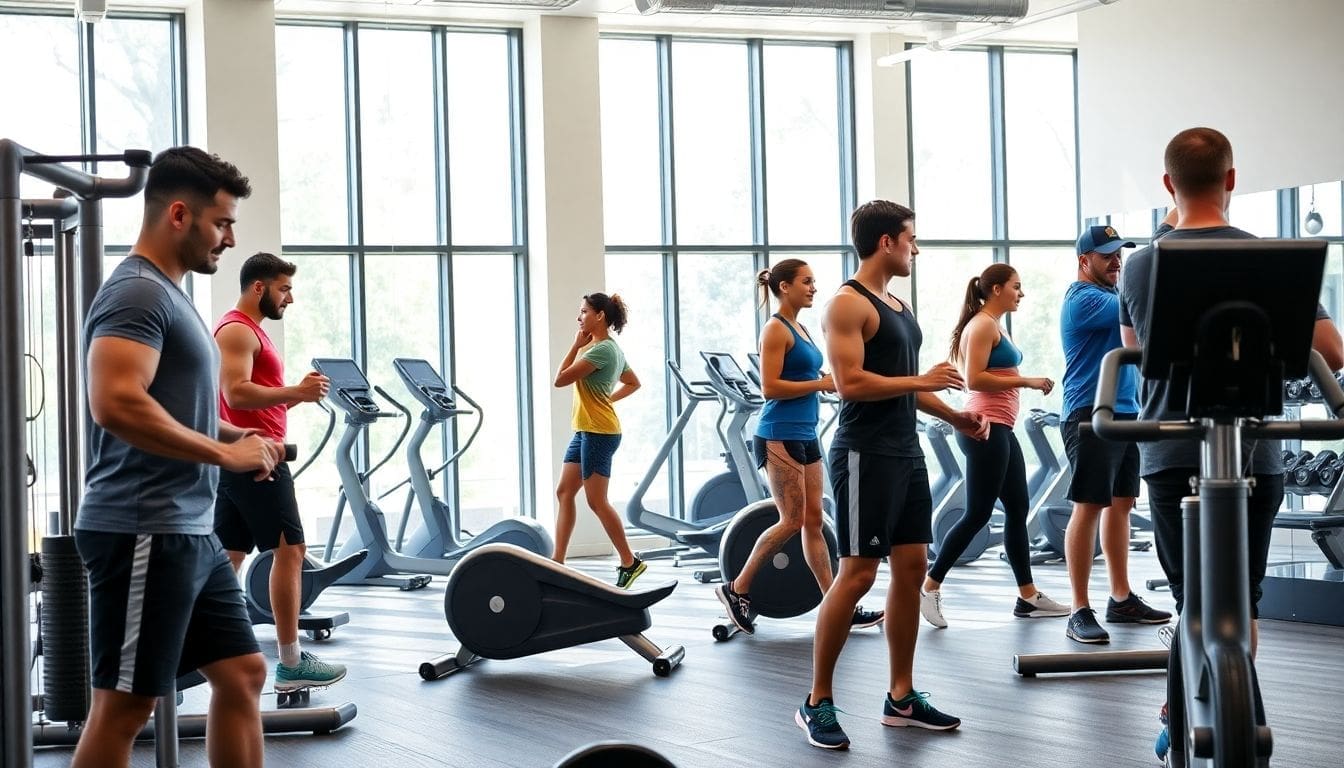 people exercising on treadmills and ellipticals in gym