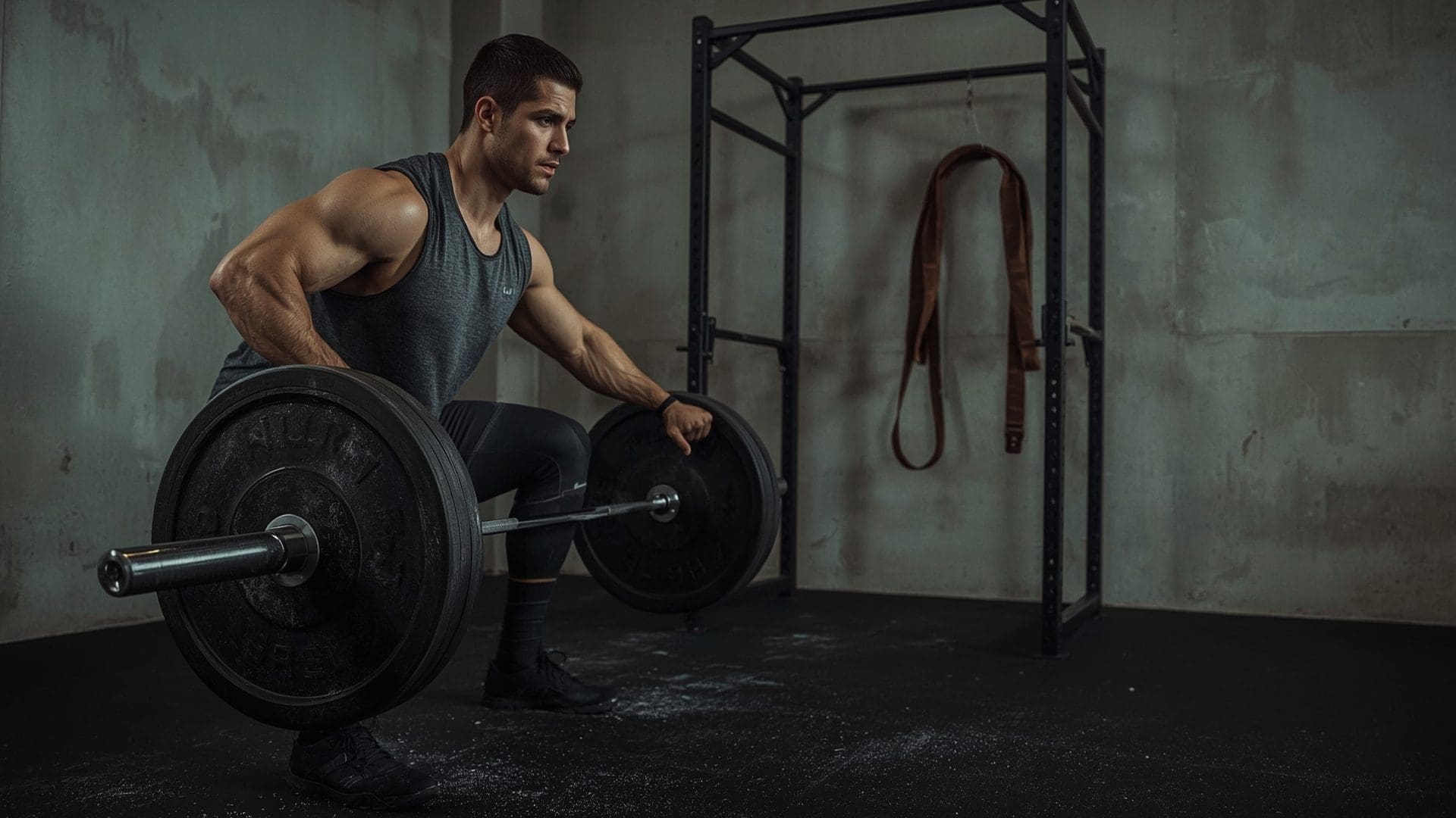 Man in gray tank top lifting barbell in industrial gym